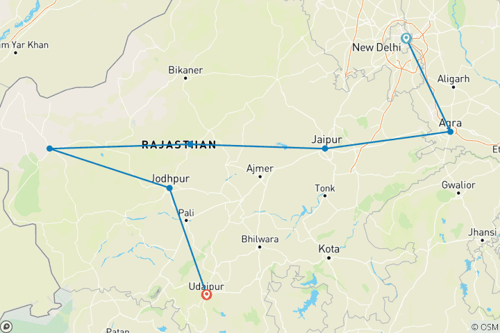 Mapa de Rajastán imperial- grupos pequeños, acaba en Udaipur, 13 días