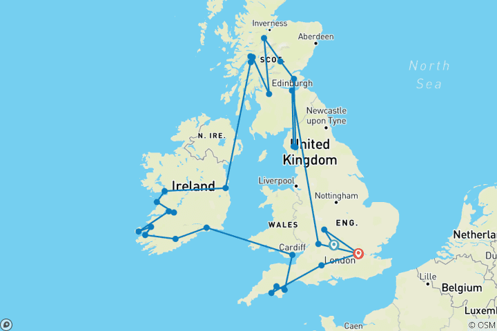 Map of Romantic Britain & Ireland (Small Groups, Summer, 18 Days)