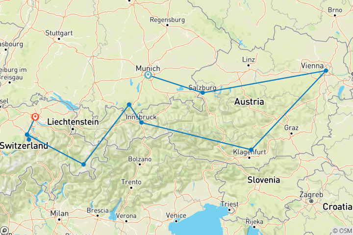 Karte von Landschaften von Bayern, der Schweiz & Österreich (inkl. Oberammergau) - 12 Destinationen