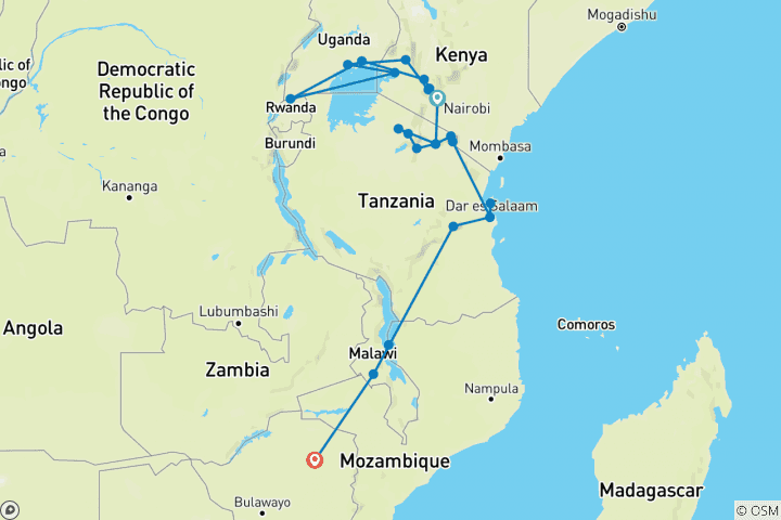 Map of Nairobi To Harare (44 Days) Apes & Lakes