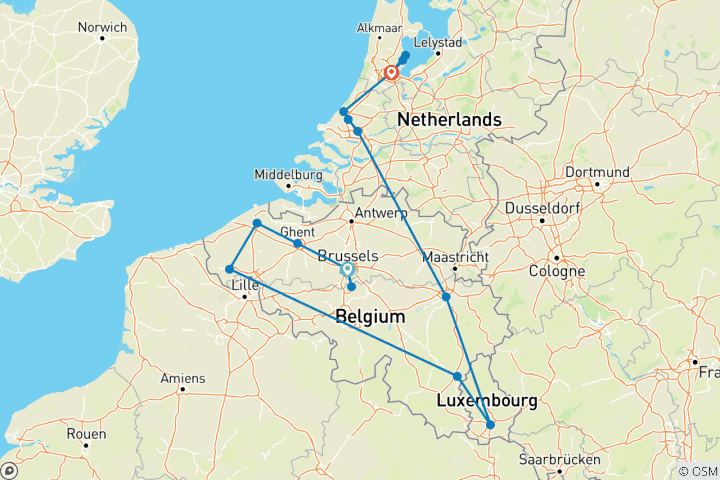 Kaart van Landwegen van België, Luxemburg en Nederland (Klassiek, Zomer, 11 Dagen)