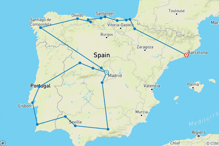 Karte von Große Spanien & Portugal Rundreise - Ende Barcelona (18 Tage)