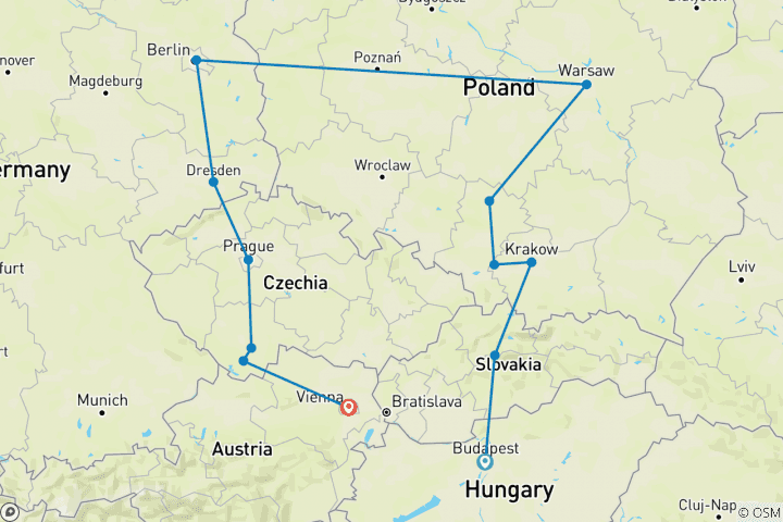 Carte du circuit Points forts de l'Europe de l'Est - classique, fin Vienne, 14 jours