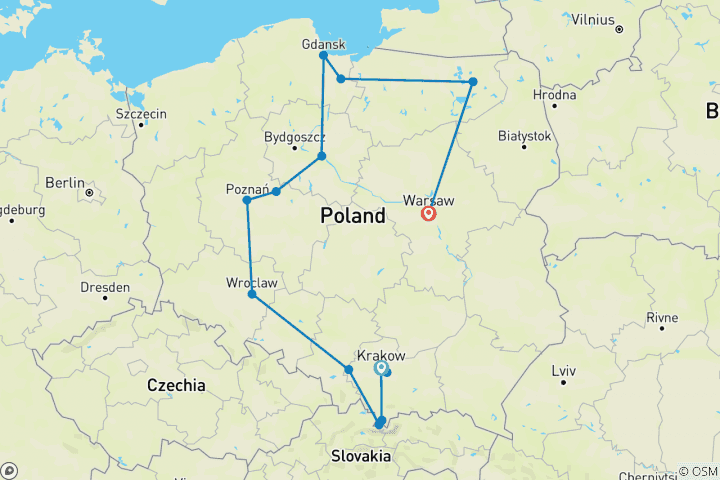 Karte von Höhepunkte aus Polens - Rundreise (10 Tage)