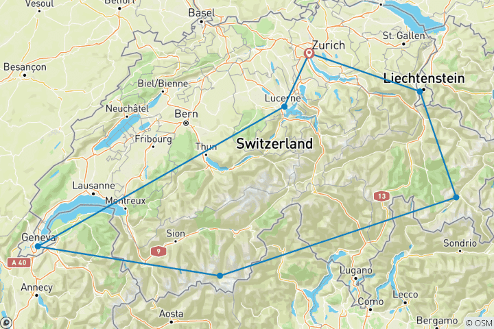 Map of Majestic Switzerland (Small Groups, 10 Days)