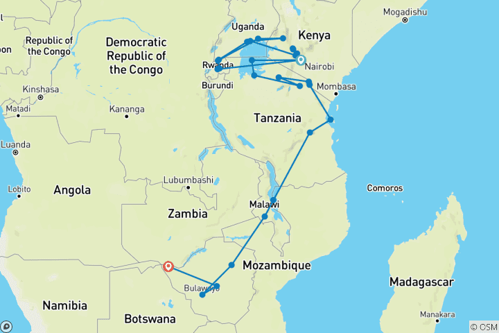 Map of Nairobi To Victoria Falls (53 Days) Apes & Lakes