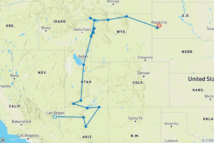 Carte du circuit Canyons spectaculaires et parcs nationaux - Fin Rapid City, 13 jours