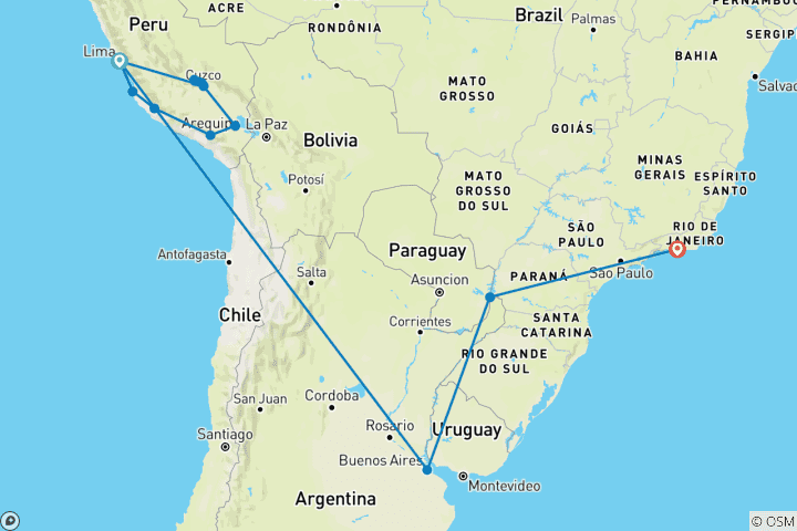 Carte du circuit Le meilleur du Pérou, de l'Argentine et du Brésil
