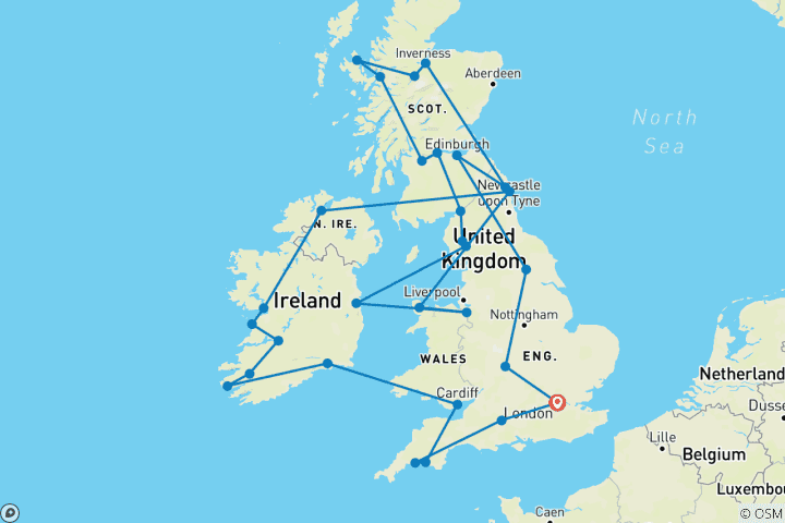 Carte du circuit Grandeur de la Grande-Bretagne et de l'Irlande (nuits à Londres)