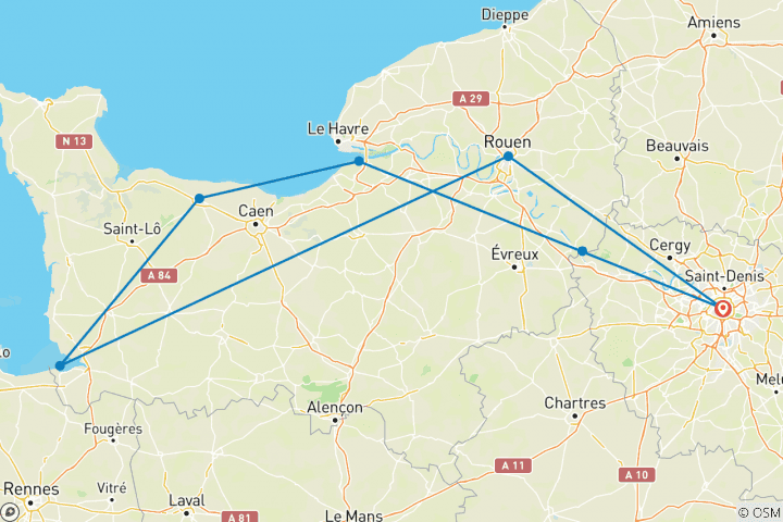 Carte du circuit Journeys : Les points forts de Paris et de la Normandie National Geographic Journeys