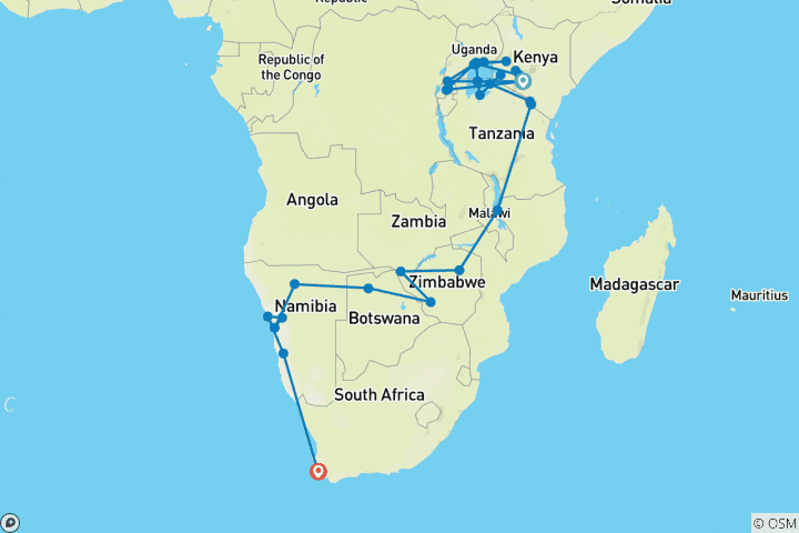 Mapa de De Nairobi a Ciudad del Cabo - 75 días gran aventurero