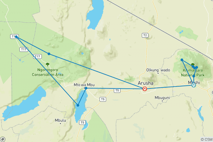 Map of Kilimanjaro - Lemosho Route & Serengeti Adventure