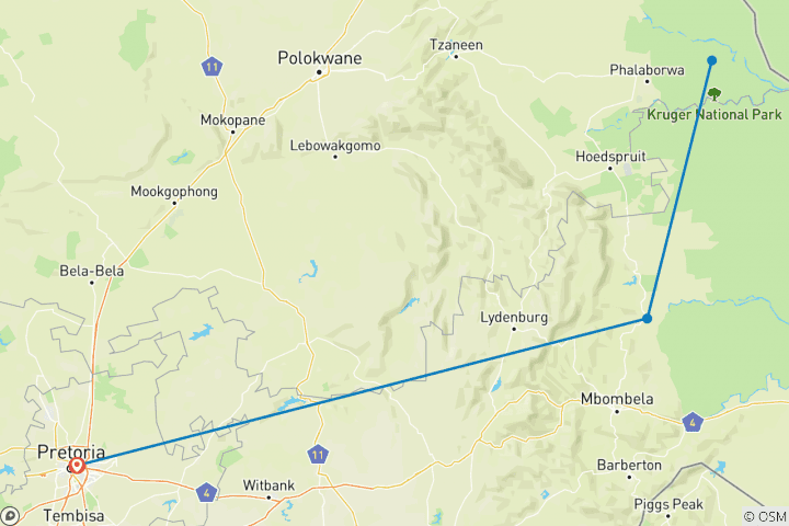 Map of 4-day Kruger Safari (Accommodated)