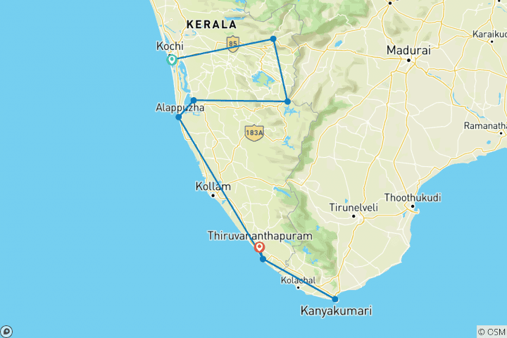 Map of Southern India Tour with Beaches and Houseboat Experience