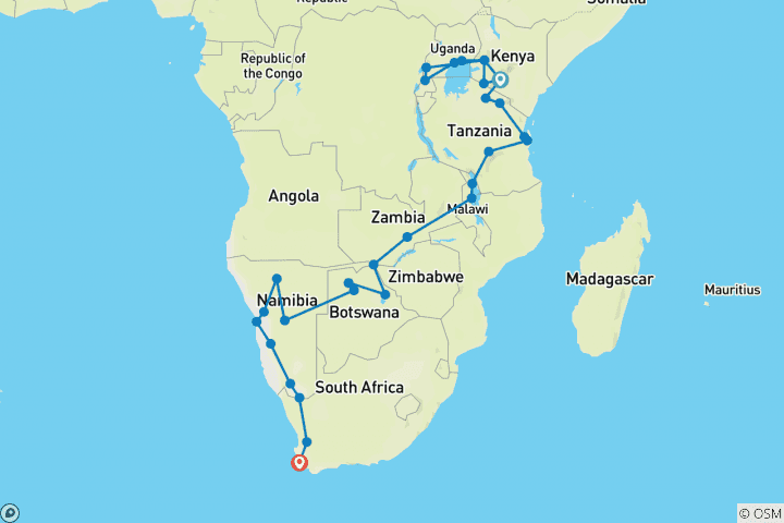 Map of 58-day Gorillas to Cape Town (Accommodated)