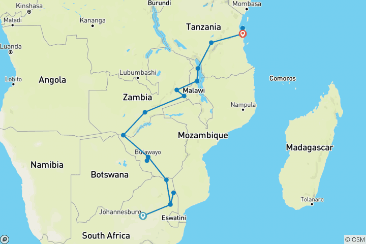 Map of 23-day Kruger, Victoria Falls & Zanzibar (Accommodated)