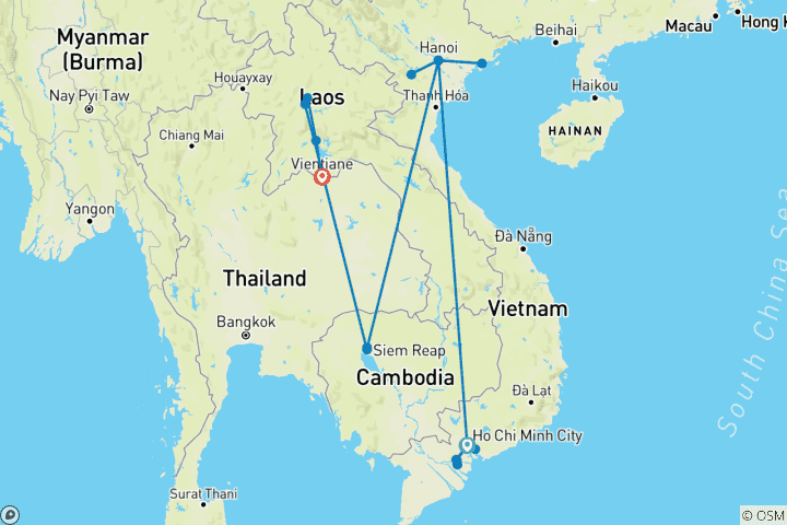 Map of Indochina Explorer: Vietnam, Cambodia and Laos 15-Day