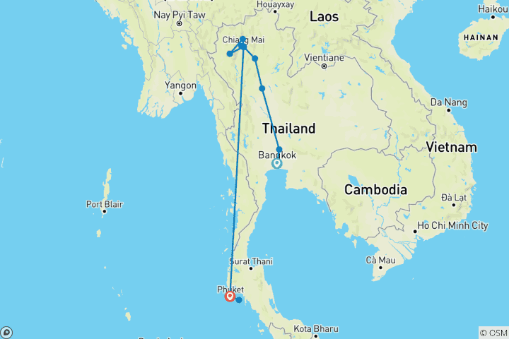 Map of Thailand Culture and Adventure Tour: From Bangkok to Phuket 15-Day