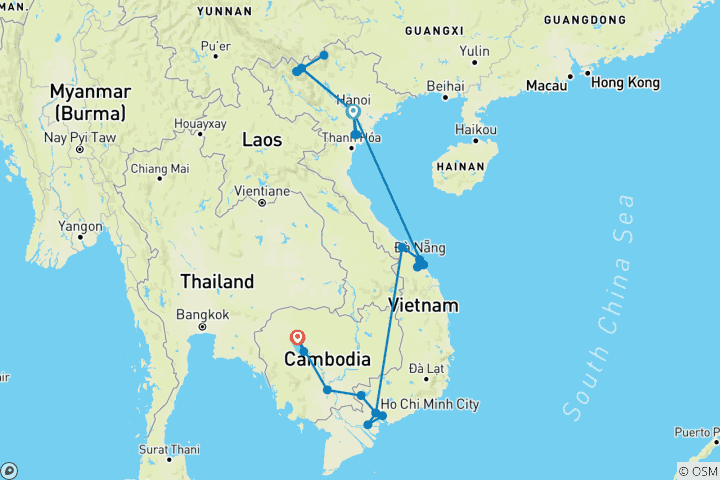 Carte du circuit Découverte de l'Asie du Sud- Est : Circuit d'aventure économique de 21 jours