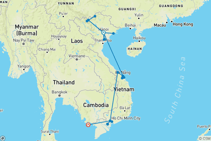 Mapa de Maravillas culturales y naturales de Vietnam 19 días