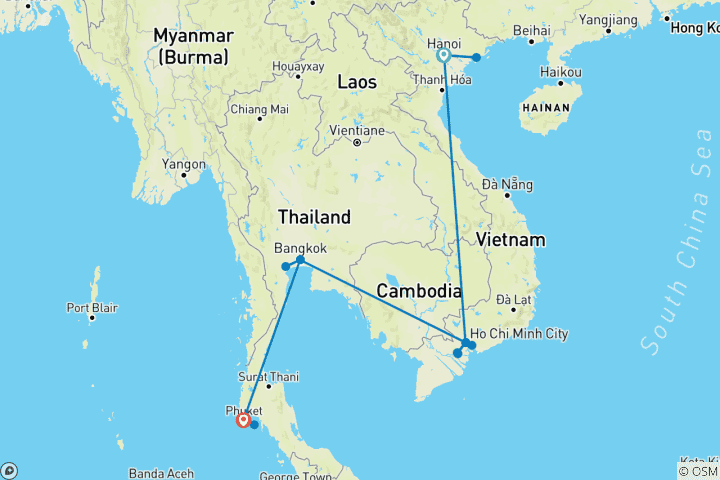 Mapa de Odisea cultural de Hanoi a Phuket de 14 días