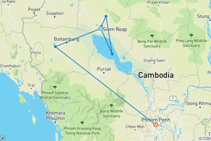 Map of Cambodia Express 8-Day Tour