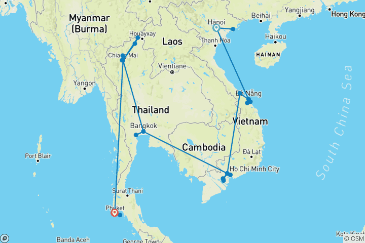 Mapa de Atravesar el tiempo y la cultura en Vietnam y Tailandia 20 días