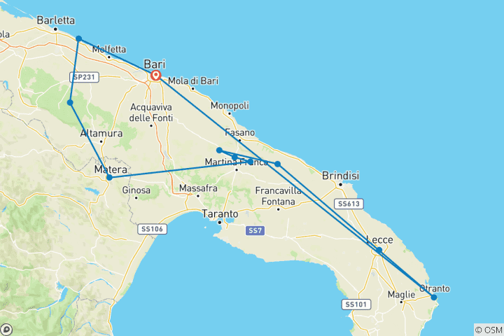 Carte du circuit Randonnée pédestre dans les Pouilles et à Matera