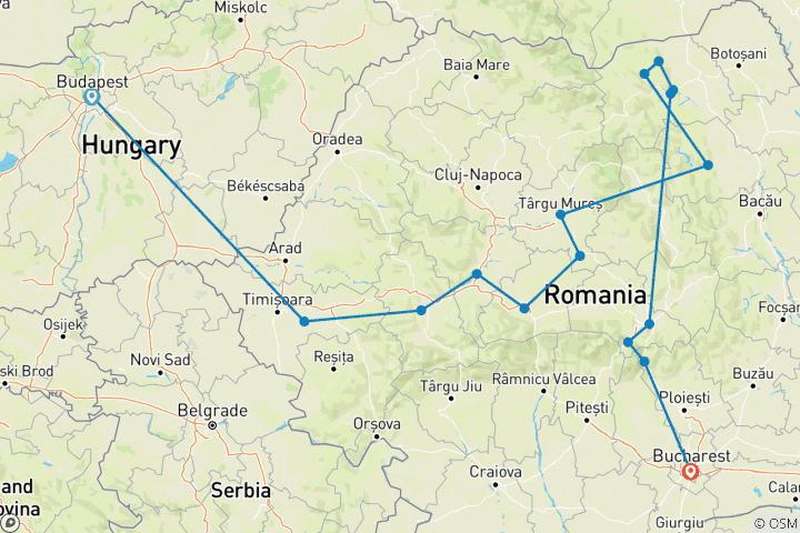 Karte von Siebenbürgen & Bukowina von Budapest nach Bukarest - 7 Tage