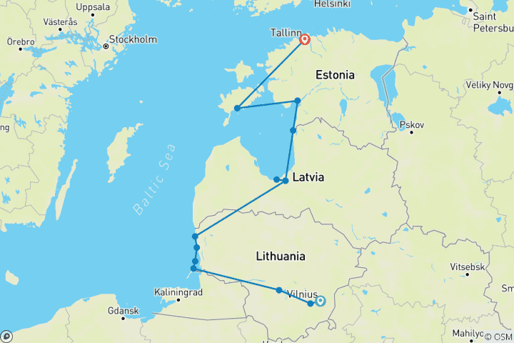 Carte du circuit Grand tour des Baltes à vélo (entièrement guidé de Vilnius à Tallinn 2026)