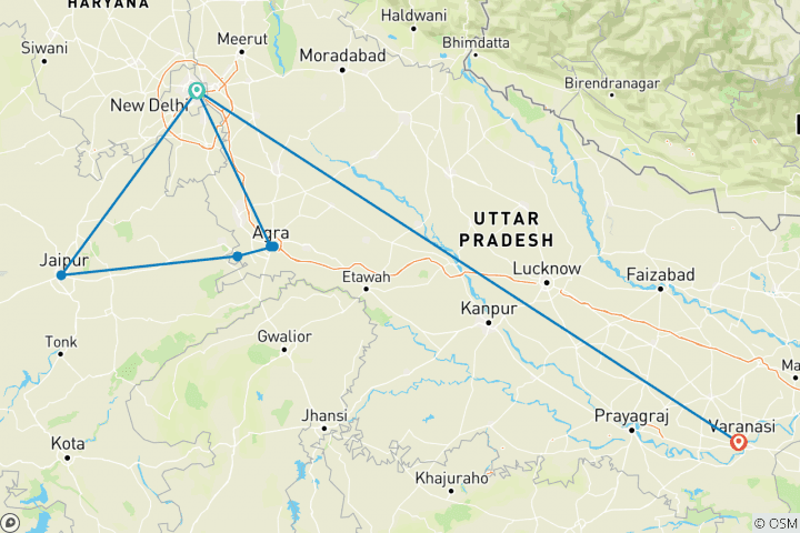 Map of Golden Triangle Tour with Varanasi