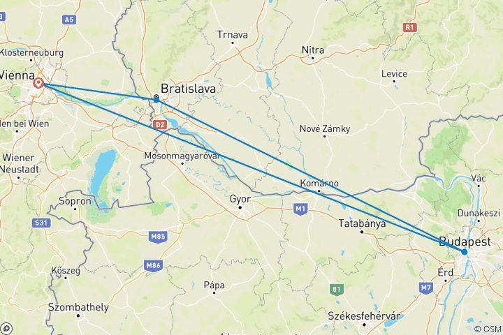 Map of New Year on The Danube: Vienna, Budapest and Bratislava