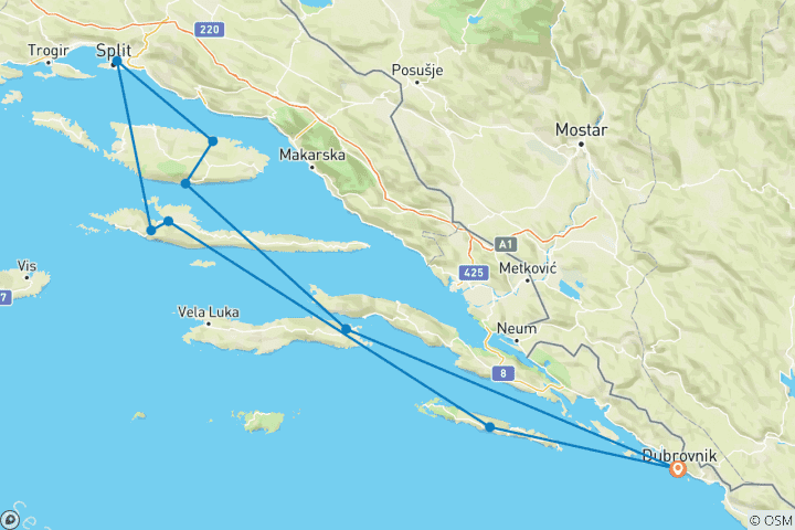 Map of Dalmatian Islands Cruise - from Dubrovnik