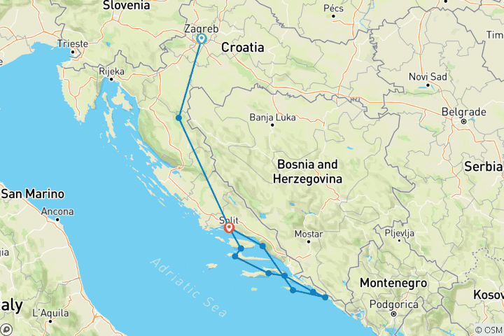 Map of Croatian islands cruise + Land tour with  Plitvice - from Zagreb