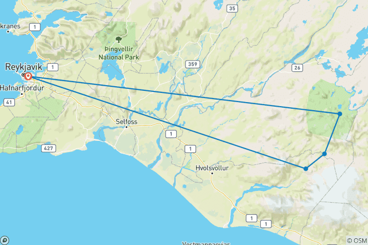 Carte du circuit 6 jours Laugavegur & Fimmvörðuháls en cabanes