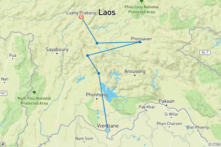 Map of Cycle Vientiane to Luang Prabang - 11 Days