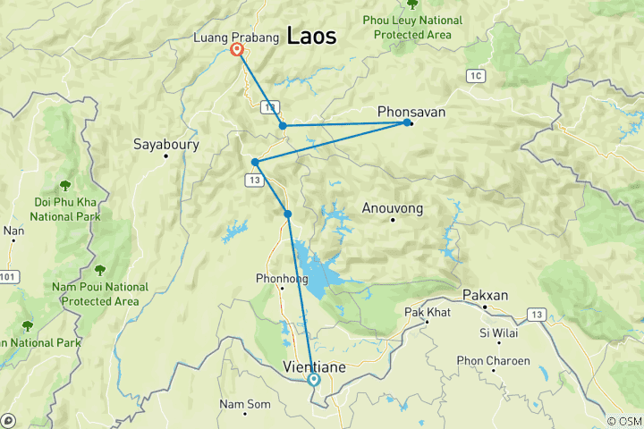 Kaart van Fietstocht van Vientiane naar Luang Prabang – 11 dagen