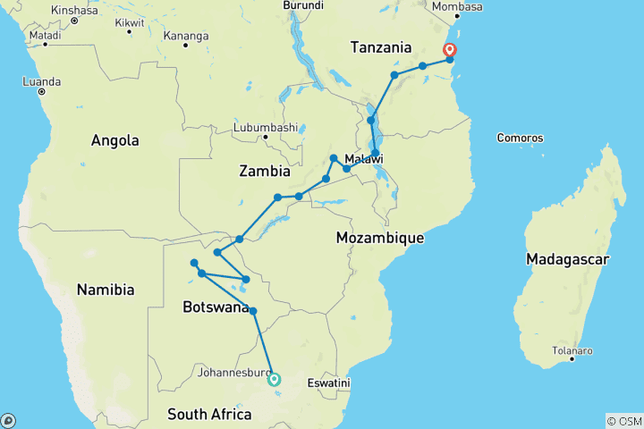 Mapa de Johannesburgo a Zanzíbar (21 destinations)