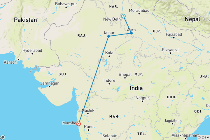 Kaart van Gouden Driehoek Rondreis door met Mumbai