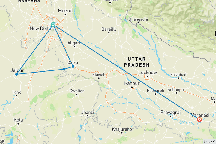 Map of Golden Triangle with Varanasi