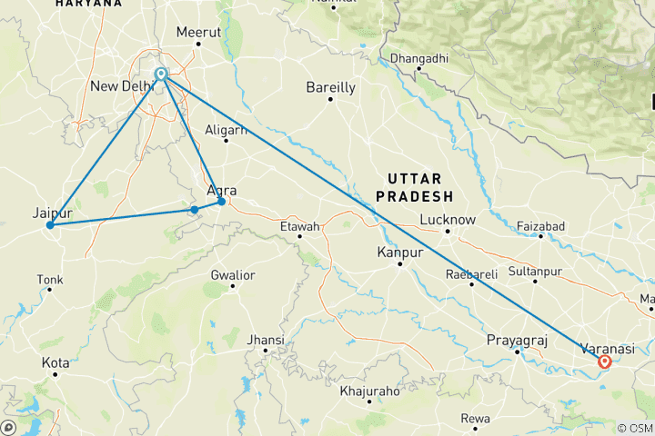 Map of Golden Triangle with Varanasi