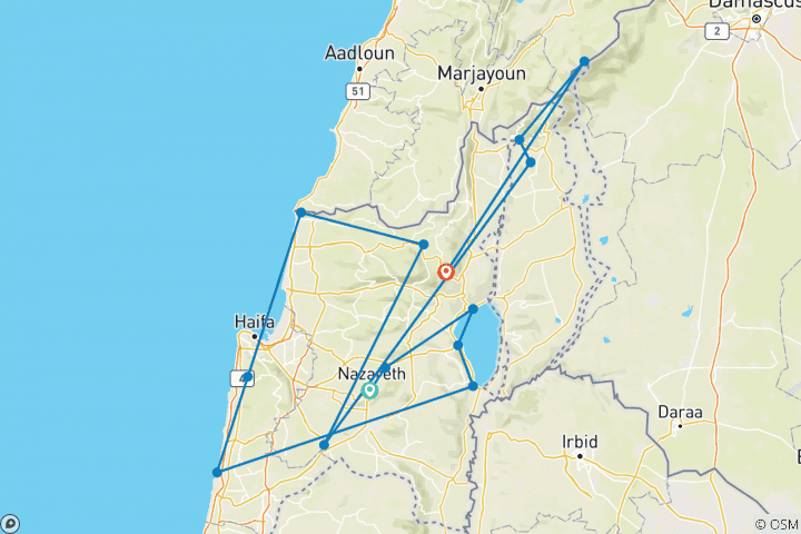 Map of Galilee, Golan, Caesarea and Nazareth 4 days