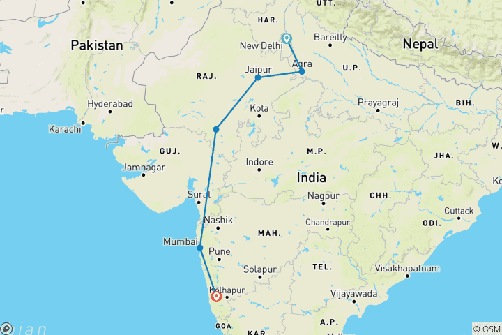 Map of Incredible Golden Triangle tour with Udaipur, Mumbai & Goa