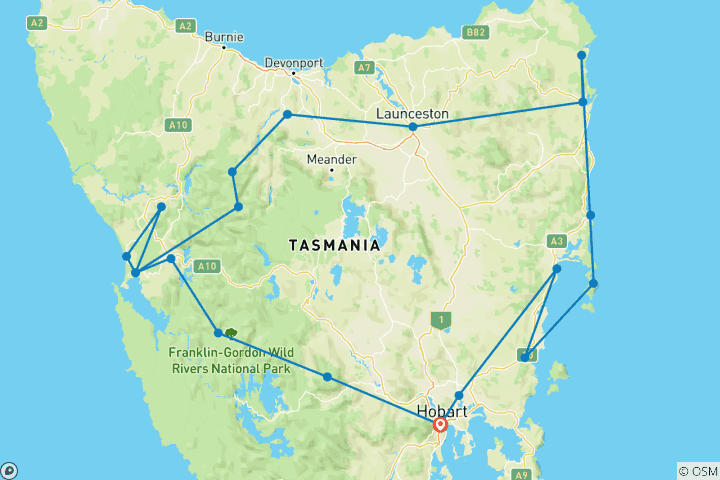 Karte von Entdeckungsreisesreise Six - Rundreise durch Tasmanien (6 Tage)