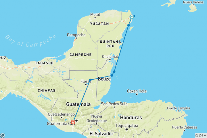 Map of Mexico, Belize and Guatemala Highlights (10 Days)