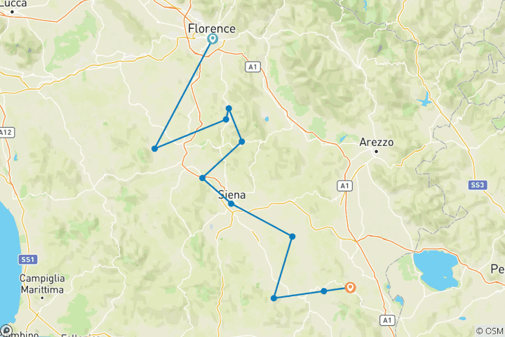 Mapa de Excursión en bicicleta, Toscana, Italia (grupos guiados)