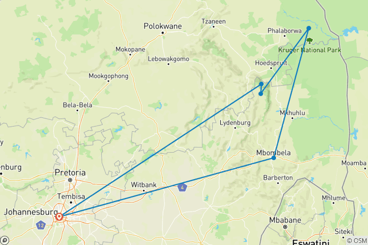 Map of Kruger Safari And The Panorama Route