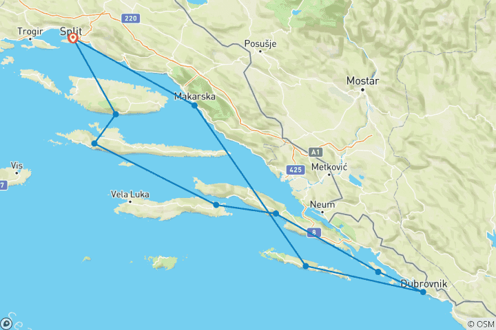 Map of Croatia Cruise Southern Dalmatia - from Split