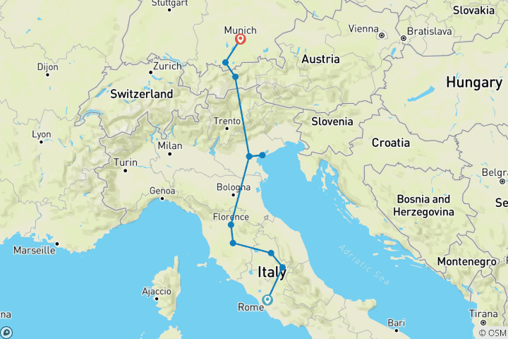 Mapa de Gran Italia Católica con Oberammergau - Viaje basado en la fe