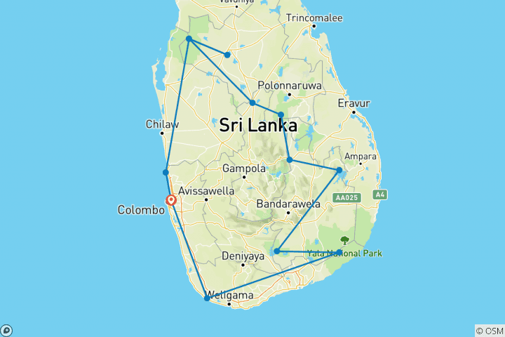 Map of Safari in Sri Lanka - 9 days